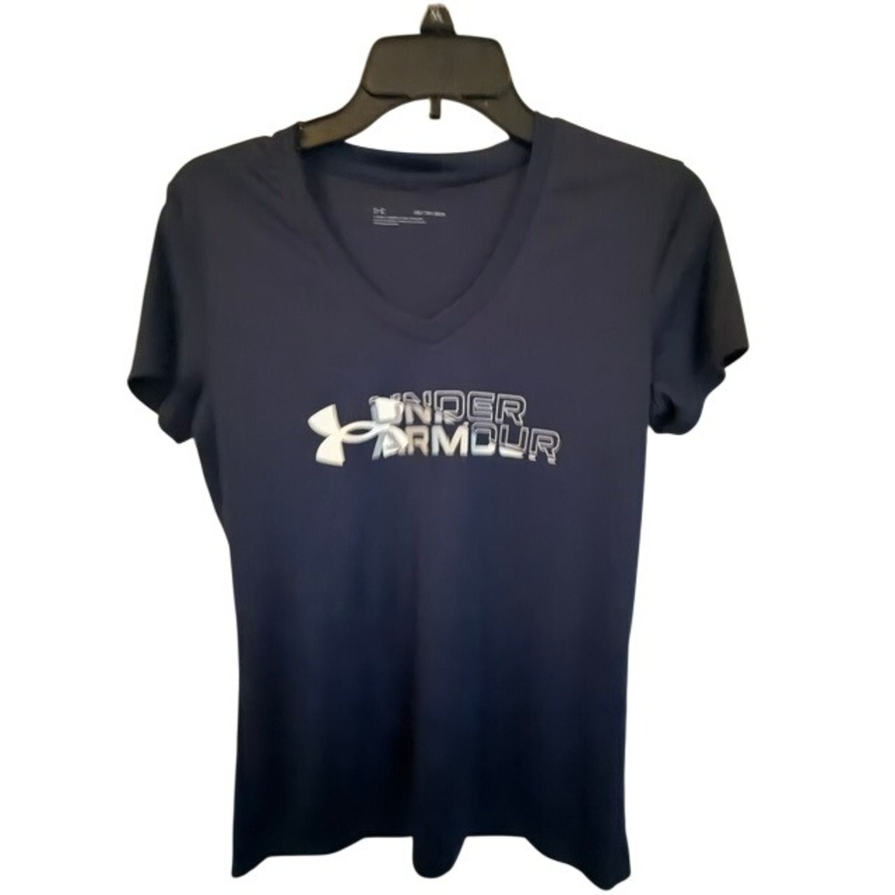 Under Armour Womens V-Neck Logo Tee Navy Blue Performance Comfort Shirt XS Loose